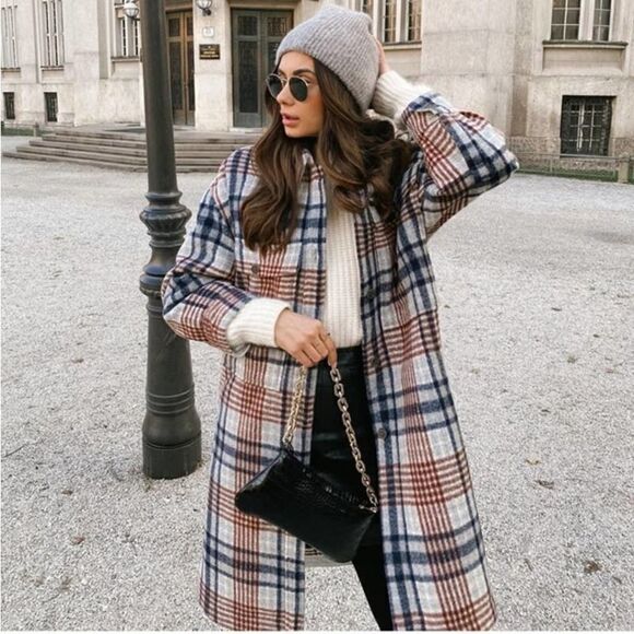 ZARA Long Plaid Jacket Overshirt Coat Bloggers - Picture 8 of 13